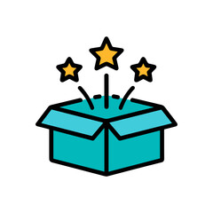 Festive box explodes with stars. Icon symbol illustration