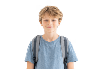 A cheerful young boy wearing a blue t-shirt and a backpack. standing against a white background. exuding confidence and readiness for school. with a bright smile indicating enthusiasm for learning