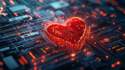A glowing red heart circuit board on a dark blue background with orange light effects scattered around it