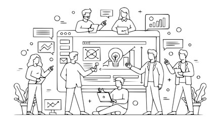 A dynamic illustration of a team collaborating on digital analytics and design ideas, showcasing creativity and strategic insights in a modern workspace