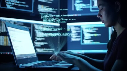 Hacker, coding and hologram with laptop or silhouette of software programming, thief and data protection of crime. Person, ransomware and digital server for cyber virus, privacy spy and malware risk - Powered by Adobe