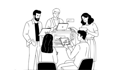 Creative Team Collaboration: Engaging in Innovative Discussions and Idea Sharing in a Modern Workspace with Multiple Devices and Notes