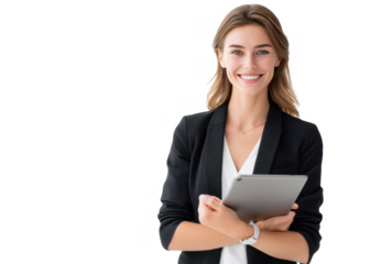 A confident young woman in a black blazer smiles while holding a tablet. standing against a clean white background. conveying professionalism and modern technology use in a corporate setting