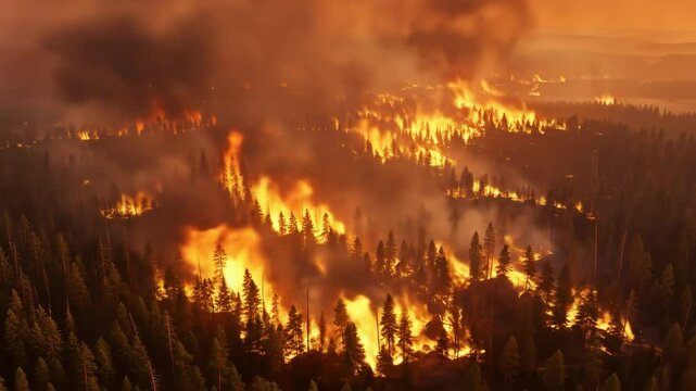 Aerial View of a Massive Forest Fire Ravaging Dense Evergreen Trees at Sunset, Creating Plumes of Smoke and Bright Flames Across the Landscape