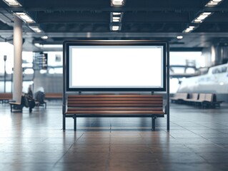 Blank billboard advertisement in a modern airport terminal waiting area, above a wooden bench.