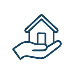 Hand gently holding a cozy house. Icon symbol illustration
