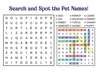Pet Names Word Search Puzzle for Kids Educational Activity