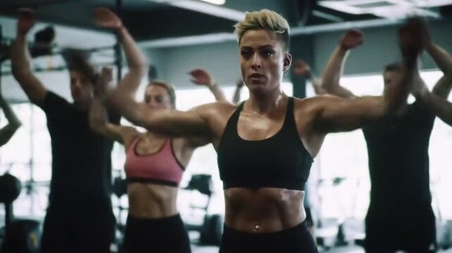 Gym, group of people in class for muscle building endurance, strong body and balance power in fitness. Commitment, men and woman with personal trainer for workout, motivation and exercise challenge.