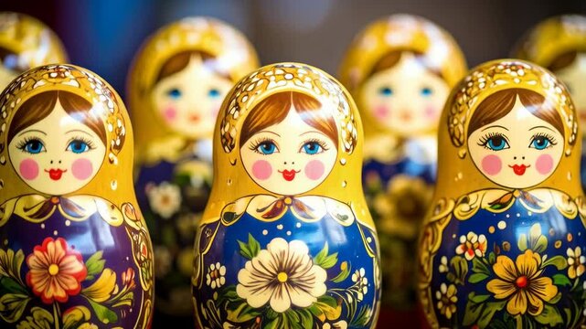 Group of colorful traditional nesting dolls with floral patterns and smiling faces, wooden stackable dolls in a row, cultural icons