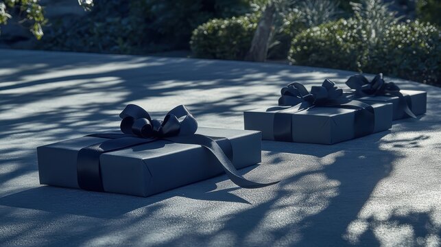 Elegant dark gift boxes with ribbons in serene outdoor setting