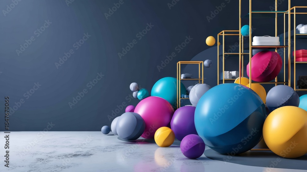 Poster colorful spheres and geometry blocks in studio setting for modern abstract product branding photogra