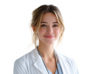 A young female healthcare professional in a white coat smiles warmly at the camera. showcasing a bright and inviting atmosphere in a modern medical facility with soft lighting