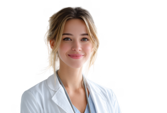 A young female healthcare professional in a white coat smiles warmly at the camera. showcasing a bright and inviting atmosphere in a modern medical facility with soft lighting