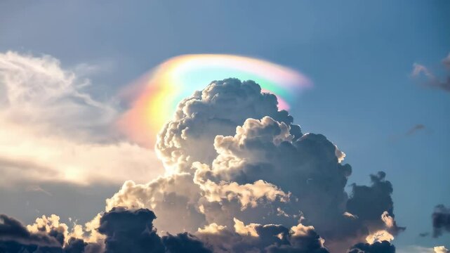 Iridescent Pileus Cloud Displaying Vivid Rainbow Colors Above a Billowing Cumulus with a Dramatic Atmospheric Sky