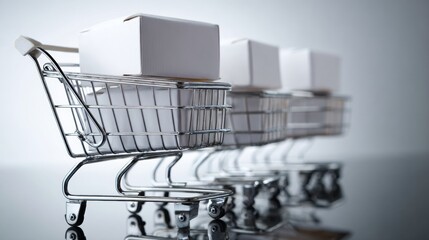 Fototapeta premium Shopping cart with white boxes on reflective floor for retail logistics product branding photography e-commerce delivery concept