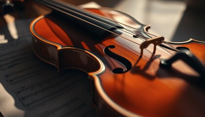 Fototapeta premium Violin on Sheet Music in Sunlight Close Up, Detailed Instrument Photography