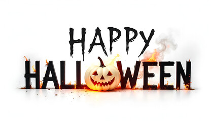 "Happy Halloween" written in bold black font on a white background, with the letter "O" replaced by a flaming pumpkin.