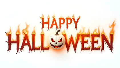 "Happy Halloween" written in shiny golden font on a white background, with the letter "O" replaced by a flaming pumpkin for a spooky and stylish touch.