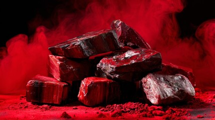 Burning red charcoal with black smoke background for energy barbecue fire product branding photography heat