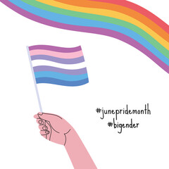 A hand holding bigender pride flag. LGBT pride month square banner. Vector illustration for an annual celebration of gender diversity