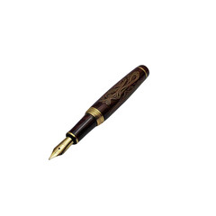A close up shot of a brown and gold fountain pen with intricate designs on a black background studio shot