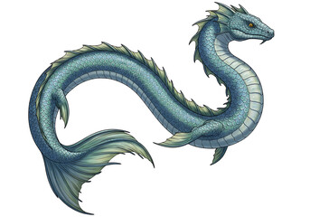 Fototapeta premium An illustration of a scaled blue sea serpent with a sinuous body fins and yellow eyes on a black background