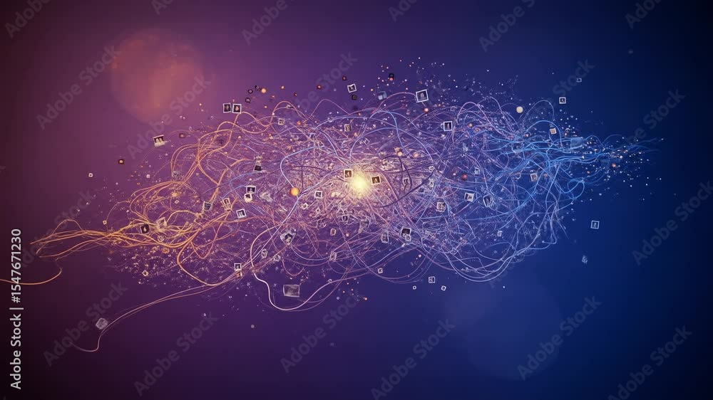 Poster an abstract representation of interconnected data and digital networks under a cosmic background, sh