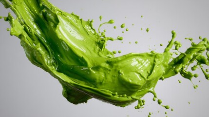 Green juice splash frozen in mid-air isolated on white for drink product branding photography freshness energy detox