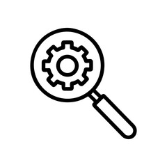 Magnifying glass revealing a gears intricacies. Icon symbol illustration
