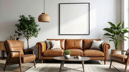 Modern living room interior featuring tan leather sofa, armchairs, wooden coffee table, plants, pendant lamp, and blank picture frame for mockup - Powered by Adobe