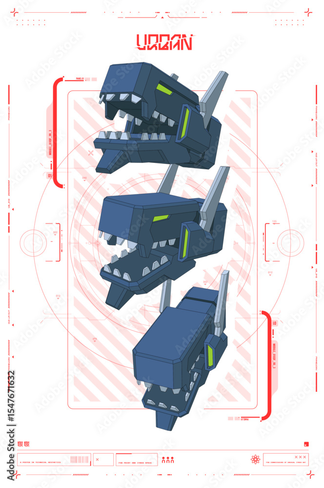 Poster futuristic robot head design with blueprint and technical overview