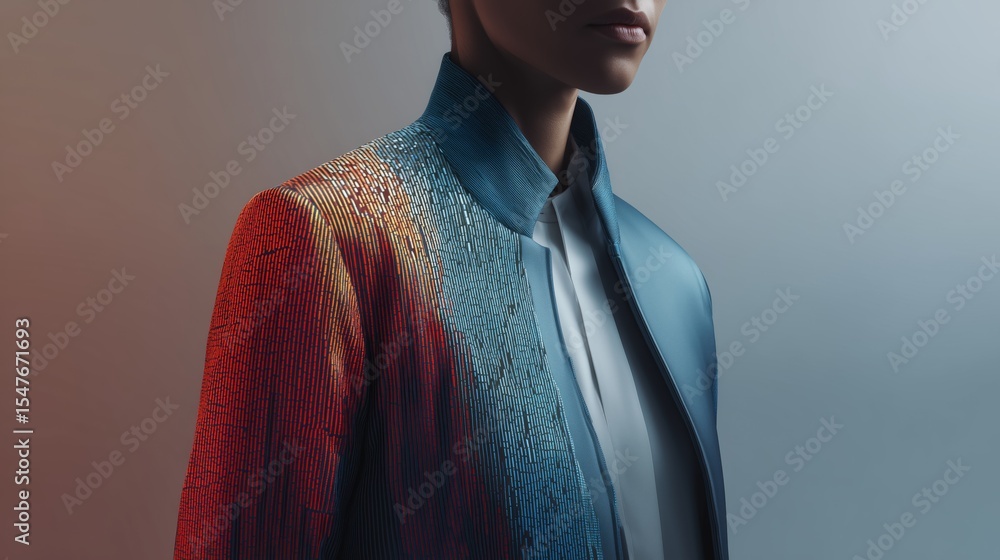 Aufkleber A person models a striking jacket with a unique fabric that features a gradient of colors. The design emphasizes connections between modernity and future trends in fashion and textiles.