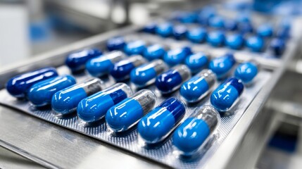 Blue capsules in blister packaging closeup on production line for pharmaceutical product branding photography health medicine supplement