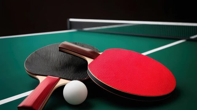 Ping pong paddles and ball displayed on a green table in an indoor sports setting at a local recreation center