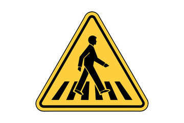 Pedestrian Crossing Warning Sign. Yellow Triangular Traffic Sign with Person Walking on Crosswalk, Isolated Vector on White Background