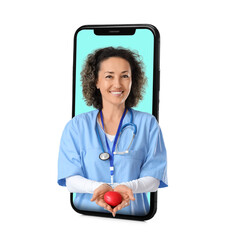 Mature female doctor with heart on grey background