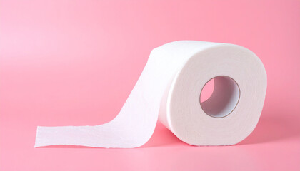 White toilet paper roll isolated on pink background. Personal hygiene.