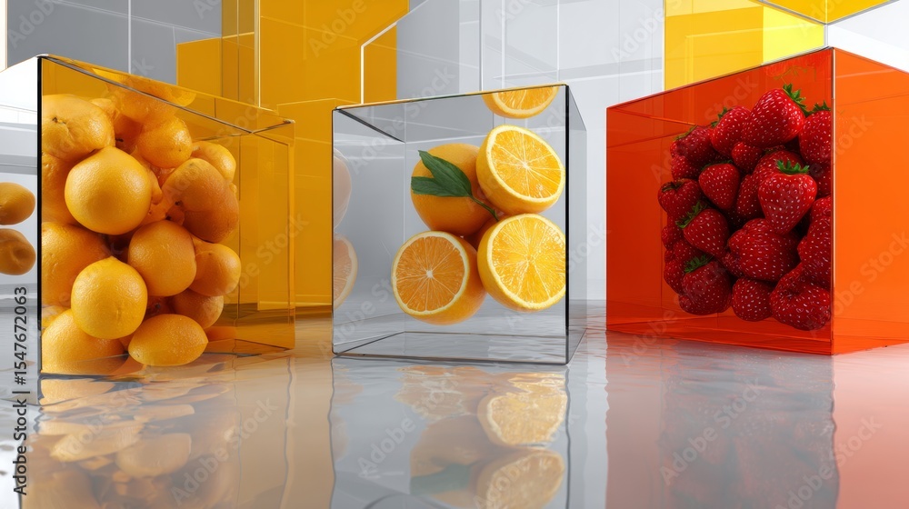 Poster citrus fruits and berries inside transparent cube blocks for food product branding photography vibra