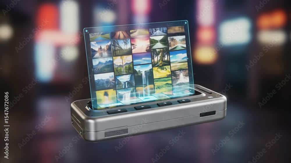 Poster a futuristic display device showcasing various landscapes with transparent interface technology for 