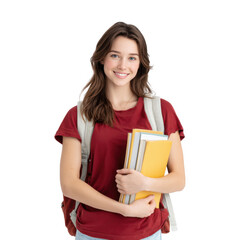 A cheerful student holding a stack of books and notebooks. standing against a plain white background. representing academic success and study motivation. ideal for educational content