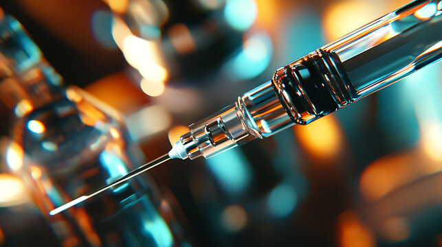 Close up view of a syringe with a needle against a blurred background with bokeh effect and glass vial
