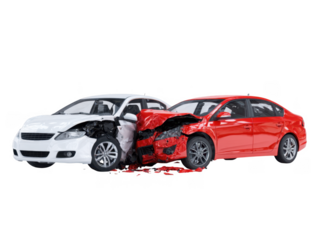 Two cars. one white and one red. involved in a head-on collision. showcasing extensive front-end damage. set against a neutral background. highlighting the impact of road accidents