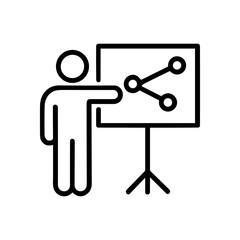 Presenter explains sharing diagram on whiteboard. Icon symbol illustration