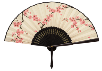 An open hand fan with pink cherry blossoms painted on it against a black background