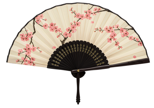 An open hand fan with pink cherry blossoms painted on it against a black background