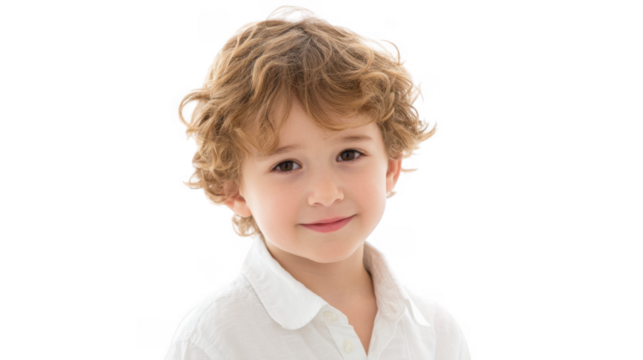 A cheerful young boy with curly hair smiles warmly at the camera. dressed in a white shirt. against a bright white background. conveying innocence and joy. ideal for family and childhood themes