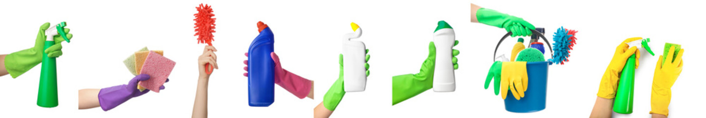 Set of hands with different cleaning supplies on white background