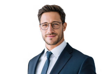 Confident young professional man in a tailored suit and glasses. standing against a minimalist white background. exuding a sense of success and approachability. ideal for corporate or business-relat