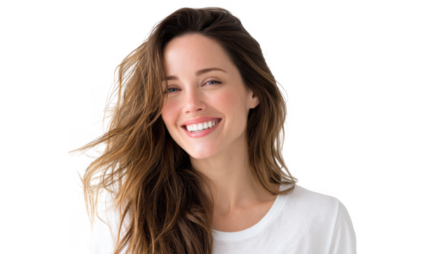 A cheerful young woman with long. flowing hair smiles warmly at the camera. set against a soft. neutral background. conveying a sense of happiness and positivity ideal for lifestyle imagery