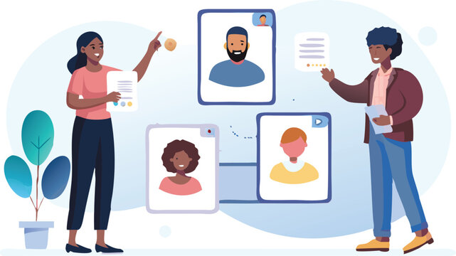 Illustration of two people reviewing candidate profiles with plant and light blue background design element